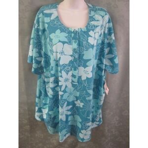 Vintage Passports Top Plus Size 2X Floral Print Henley T-Shirt Top NEW